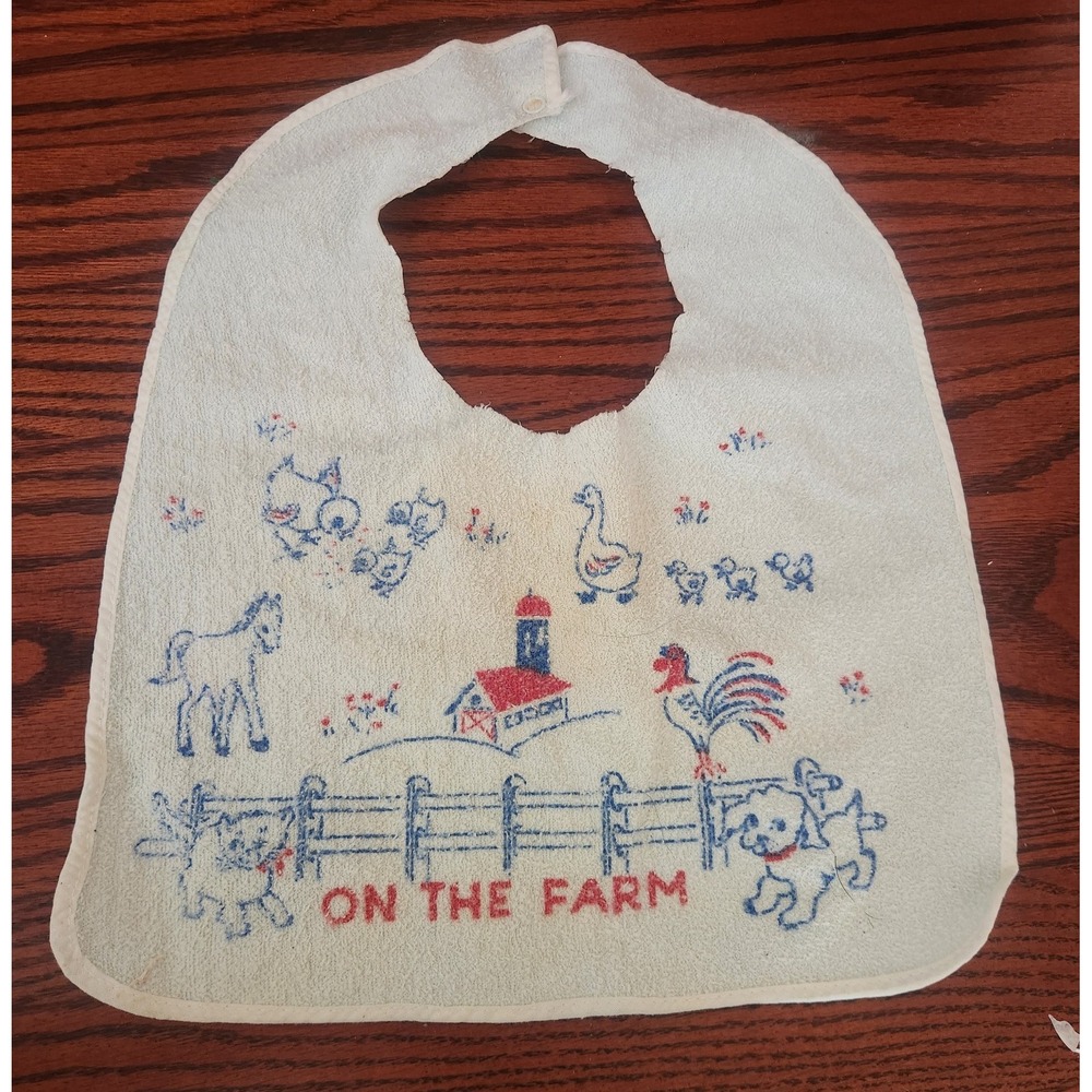 Vintage On The Farm Baby Bib Kitchy Barn Cat Dog Chicken‎ Duck Horse 70s